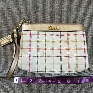 Coach Gold Plaid Wristlet with Leather Trim